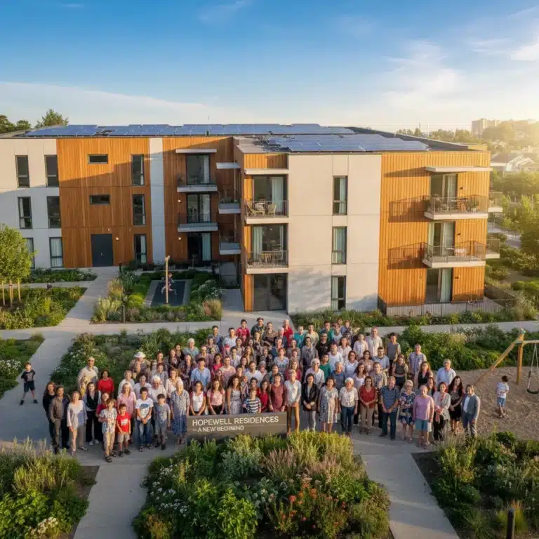 Modern affordable housing complex with diverse residents and green spaces