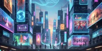 Experience Economy 2026: Financial Impact of Immersive Cultural Activities Futuristic cityscape with holographic cultural experiences, representing the 2026 Experience Economy.