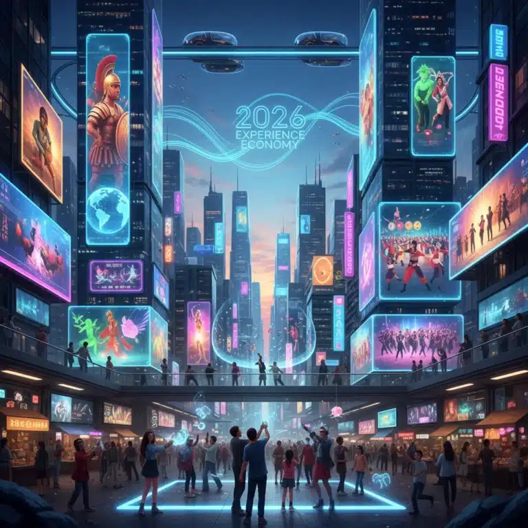 Futuristic cityscape with holographic cultural experiences, representing the 2026 Experience Economy.