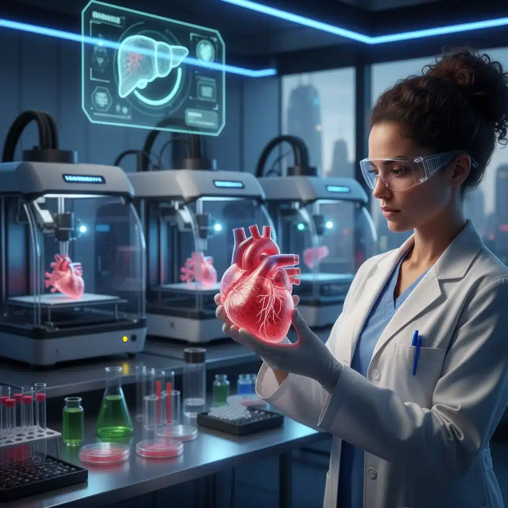 Scientist examining a 3D-printed organ model in a lab