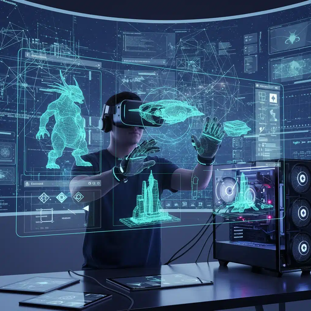 Professional designing 3D assets for the metaverse using a virtual reality headset.