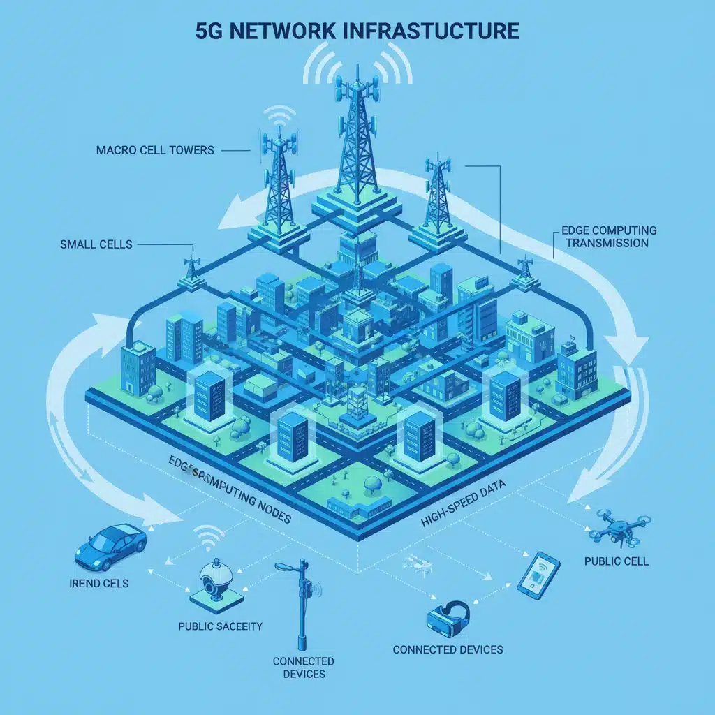 Infographic illustrating 5G network infrastructure and connected devices in a smart city.