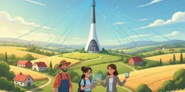 5G tower bridging digital divide in rural American landscape with diverse community members