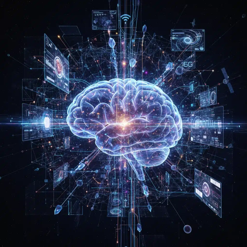 Human brain connected to AI and digital interfaces, representing advanced human-computer interaction with 6G.
