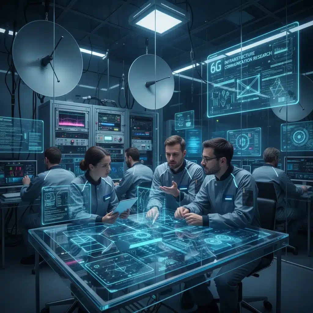 Engineers researching and developing 6G infrastructure in a high-tech laboratory environment.