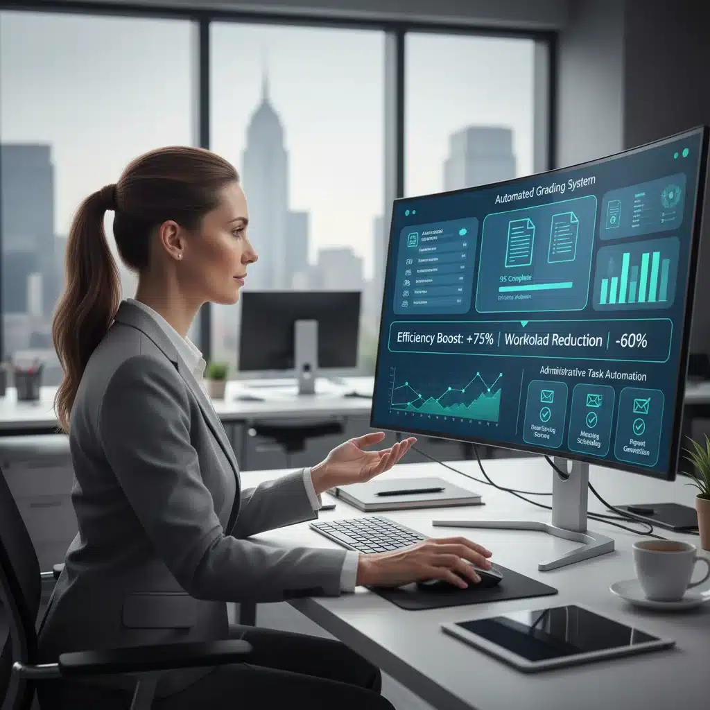 School administrator using AI for automated grading and streamlined administrative tasks.