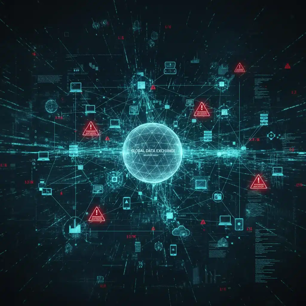 Network diagram with red warning signs detailing AI-powered cyber attack vectors and intrusion points.