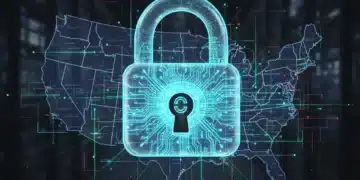 Digital padlock over US map, symbolizing growing AI cybersecurity threats to businesses in 2026.