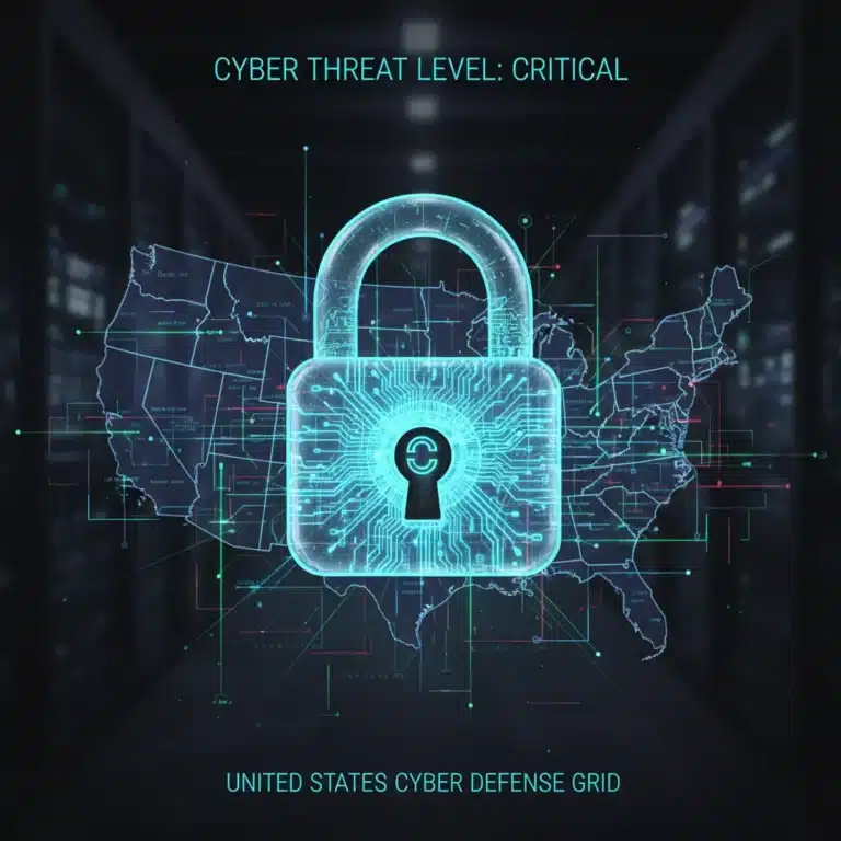 Digital padlock over US map, symbolizing growing AI cybersecurity threats to businesses in 2026.