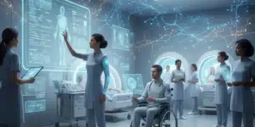 Doctors and AI interfaces collaborating in a futuristic hospital, reviewing patient data.