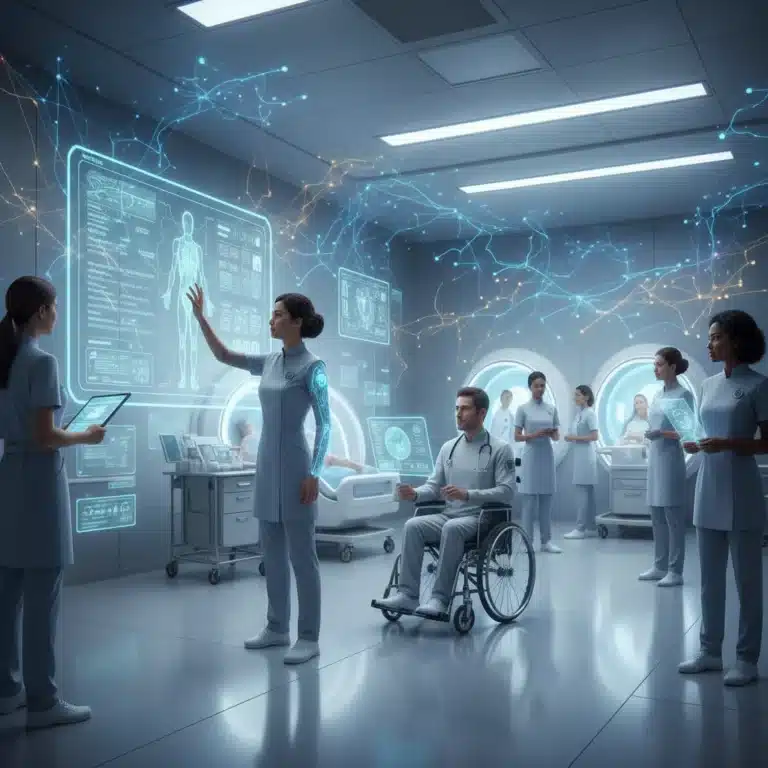 Doctors and AI interfaces collaborating in a futuristic hospital, reviewing patient data.