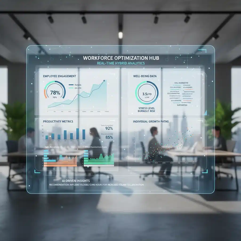 AI dashboard showing real-time hybrid work analytics, engagement, and productivity.