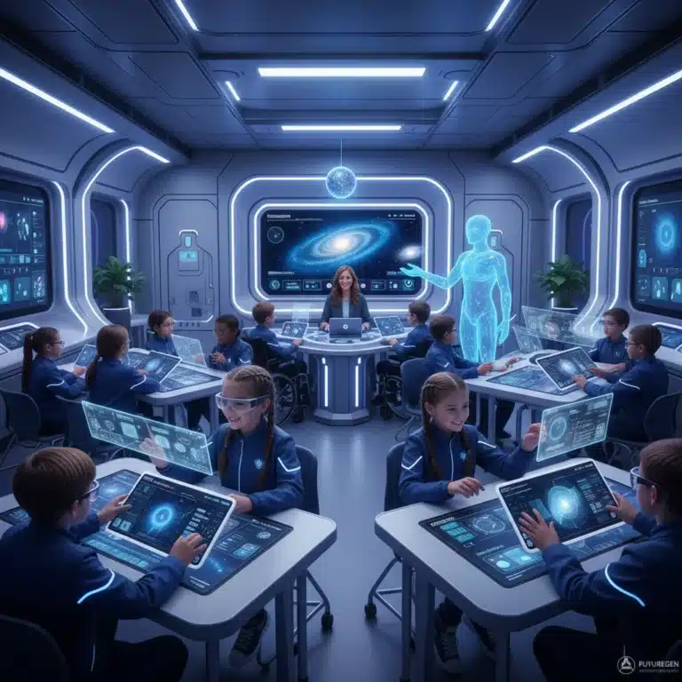 Students learning with AI-powered educational tools in a modern classroom setting.