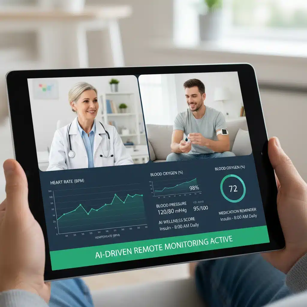Doctor conducting a virtual health consultation with a patient via tablet.
