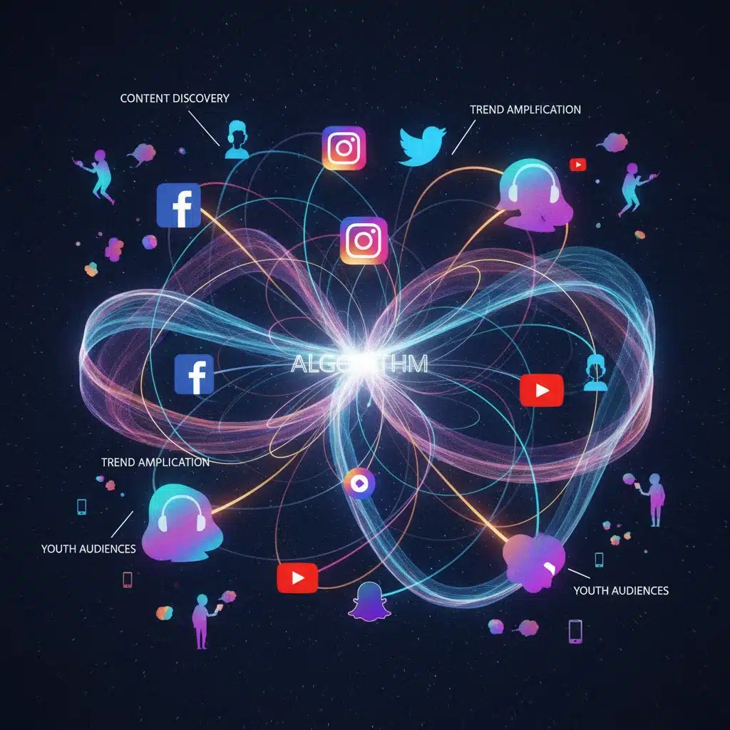 Algorithmic influence on social media and youth content discovery, glowing network