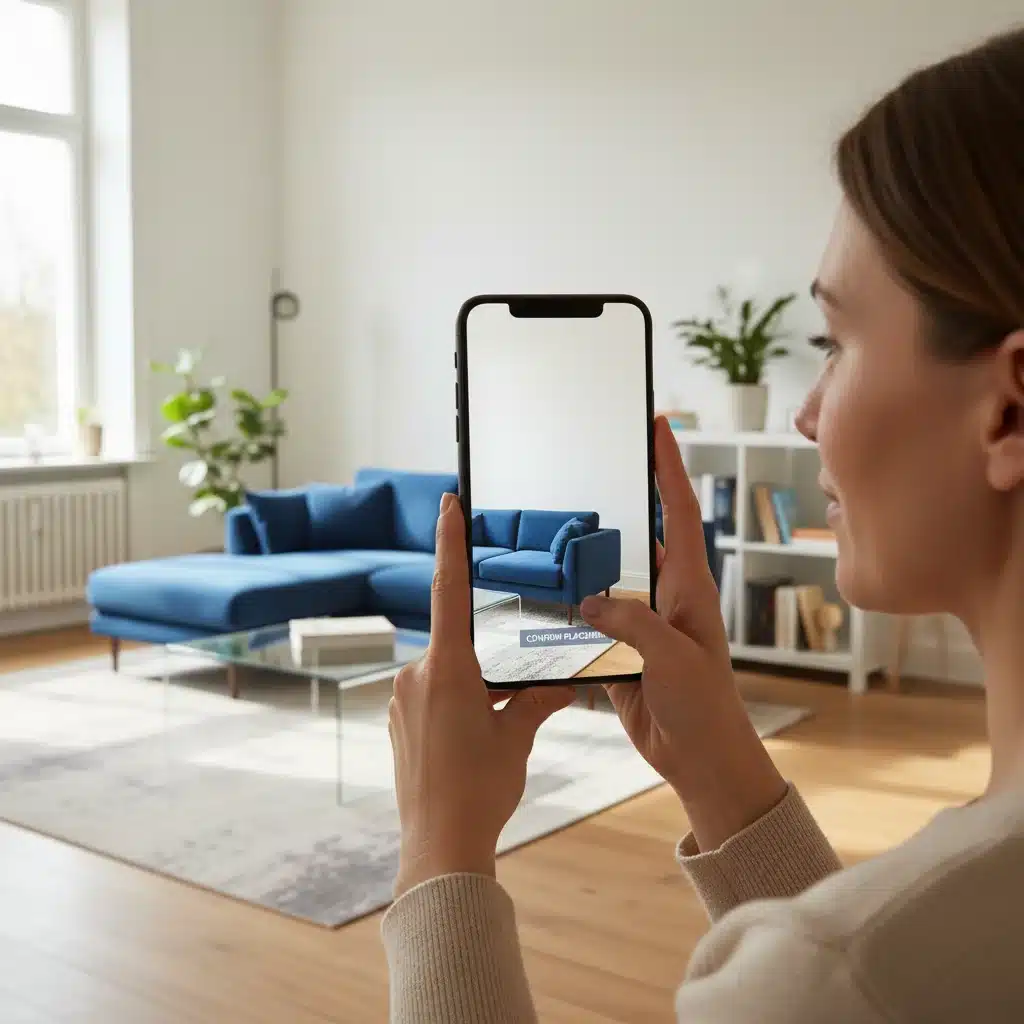 Customer using AR app to virtually place furniture in their home.