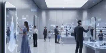 Customers engaging with augmented reality in a modern retail environment, showcasing futuristic shopping.