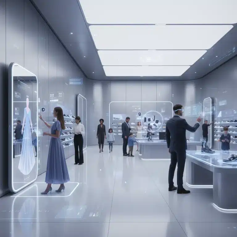 Customers engaging with augmented reality in a modern retail environment, showcasing futuristic shopping.