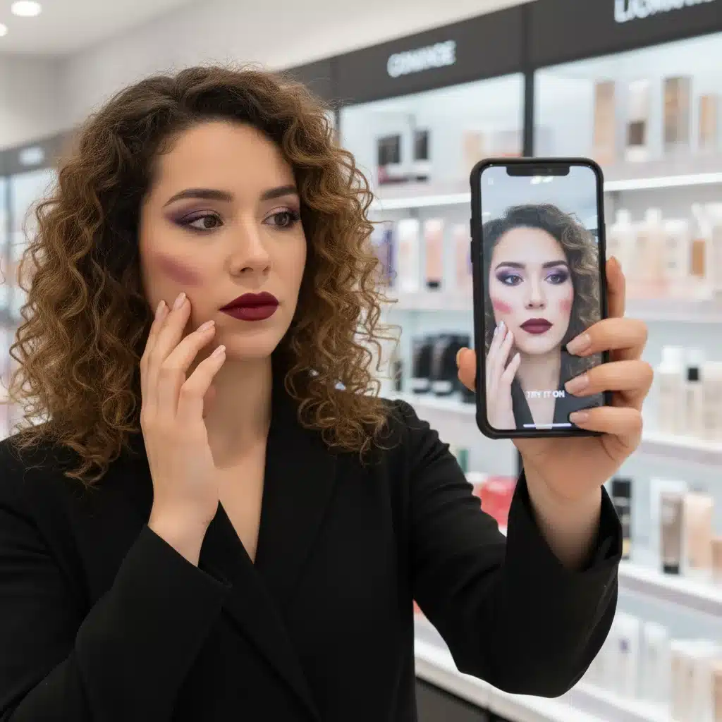 Person trying virtual makeup with an augmented reality app.