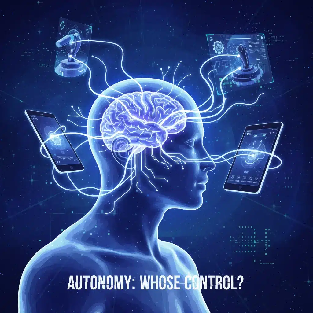 Illustration of human brain connected to digital devices, representing enhanced capabilities and autonomy concerns.