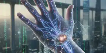 Human hand with bio-integrated device, neural pathways, digital code background