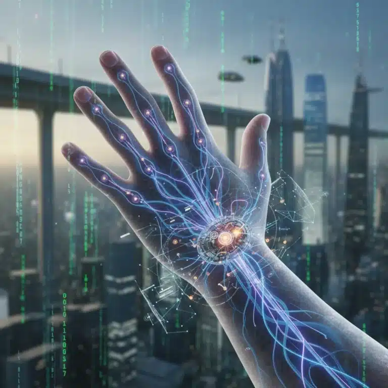 Human hand with bio-integrated device, neural pathways, digital code background