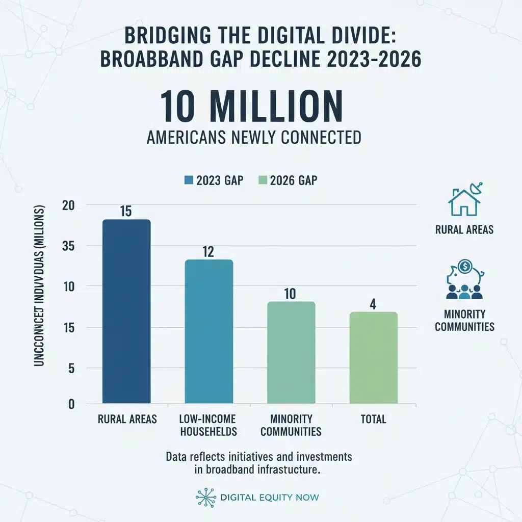 Infographic showing the reduction in the broadband gap from 2023 to 2026 for 10 million Americans.