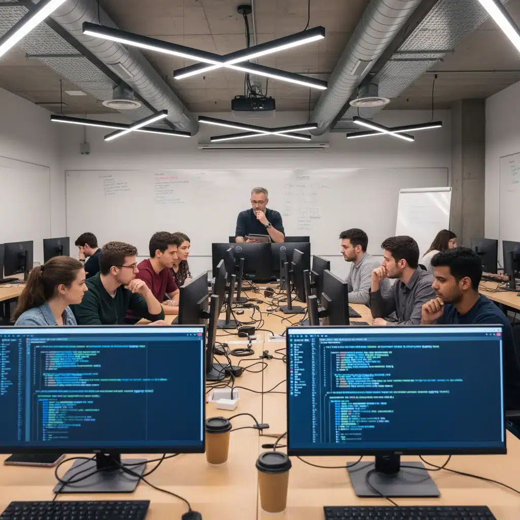 Young adults collaborating in a coding bootcamp, focused on technical skill development.