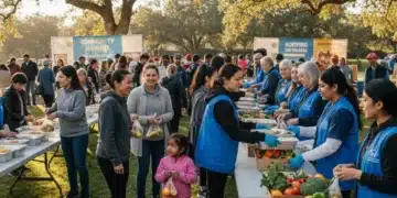 Community members receiving fresh food from volunteers at a vibrant outdoor food distribution event, symbolizing effective food insecurity programs.