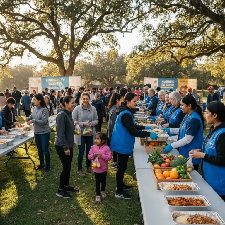 Community members receiving fresh food from volunteers at a vibrant outdoor food distribution event, symbolizing effective food insecurity programs.
