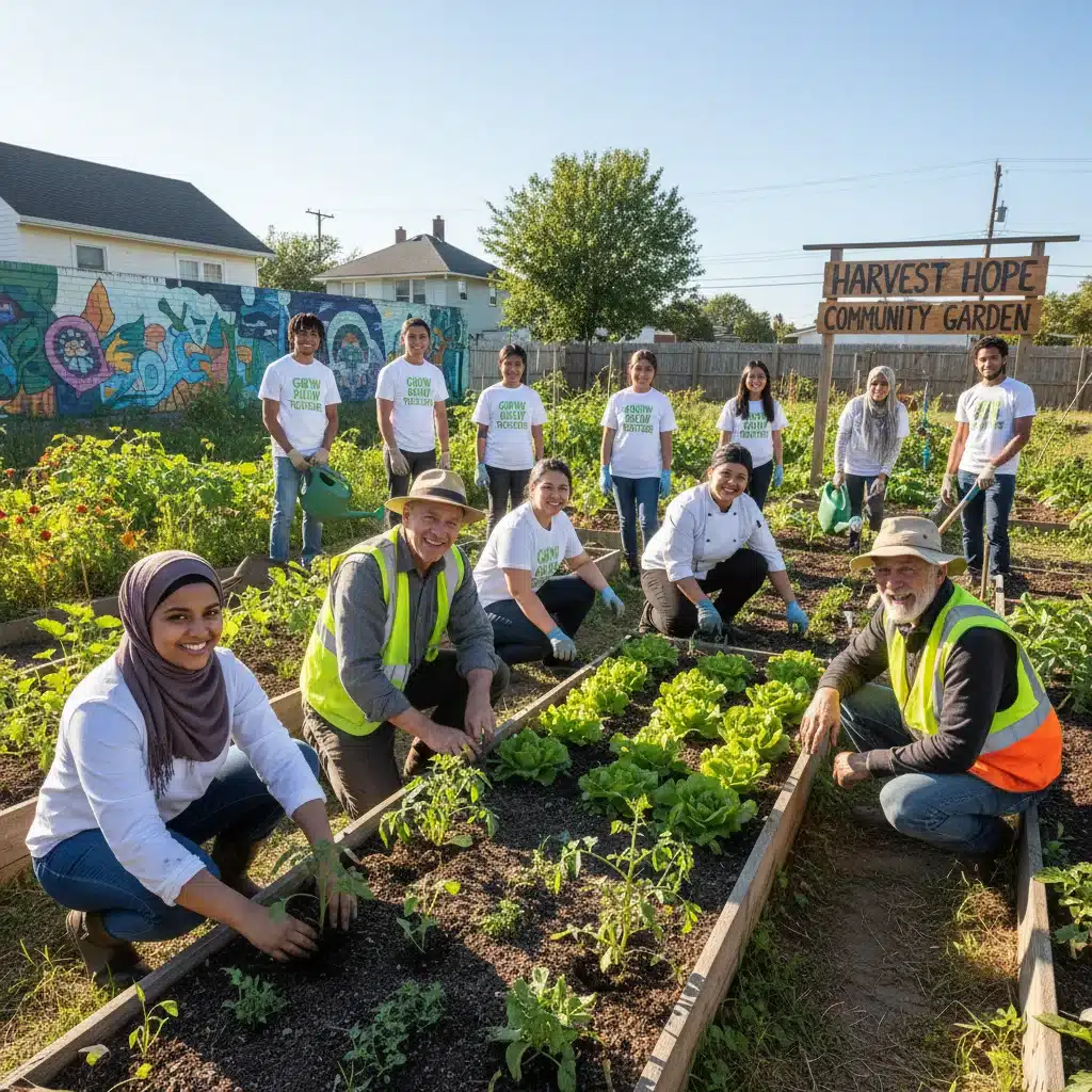 Diverse volunteers cultivating a community garden, fostering shared purpose.