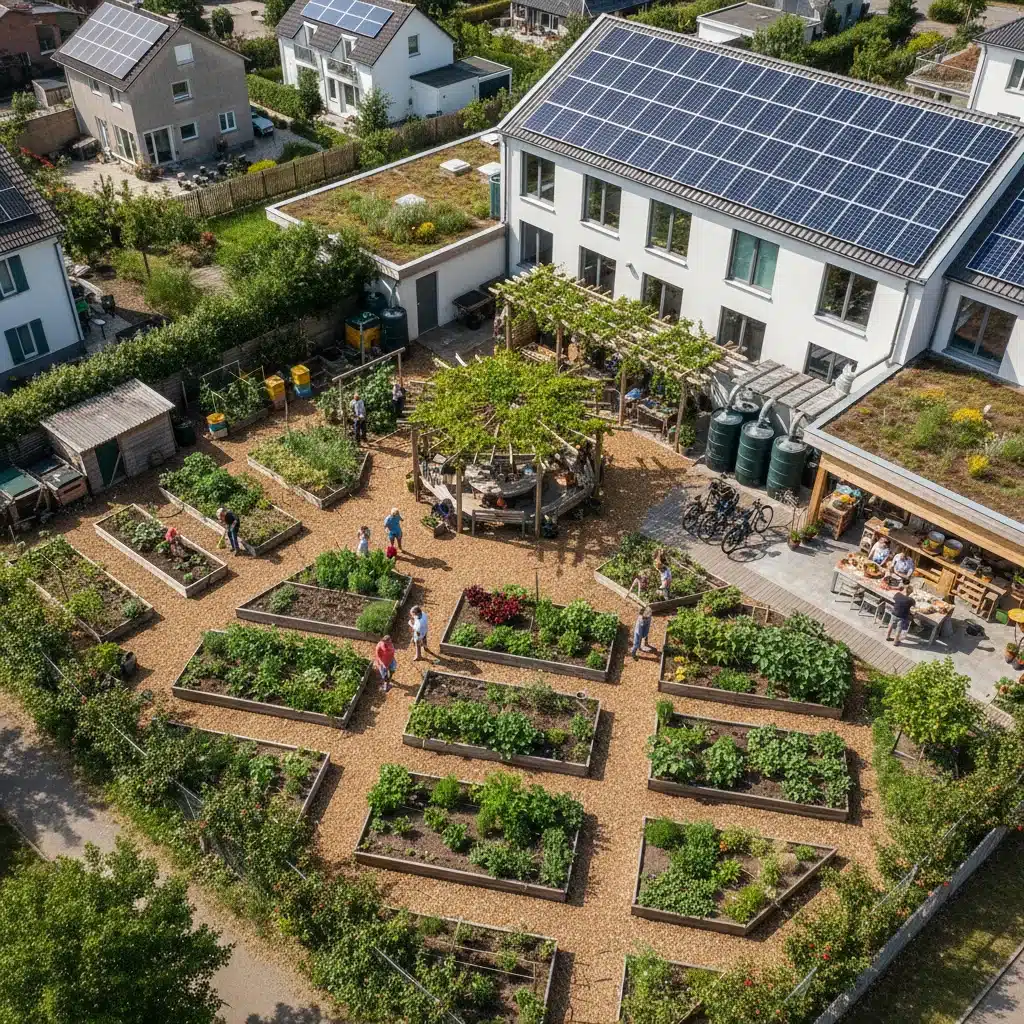 Aerial view of thriving community garden with solar panels