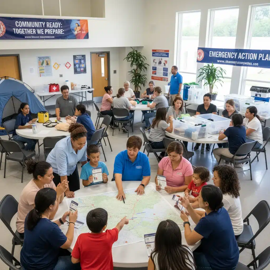 Diverse community members learning disaster preparedness in a workshop, emphasizing collaborative planning.