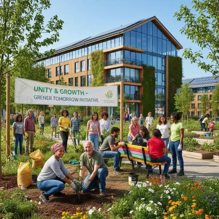 Diverse community collaborating on sustainable project