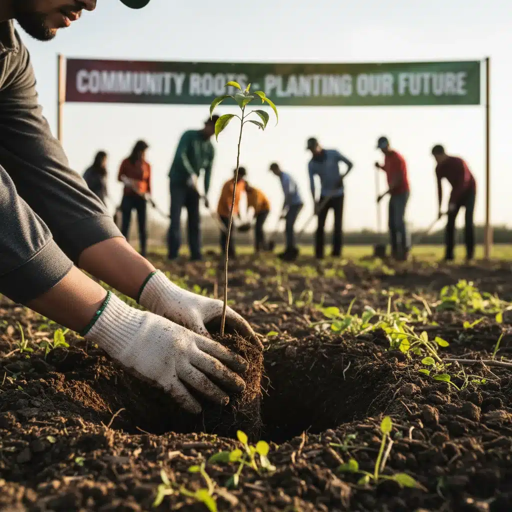 Community hands planting a tree for environmental sustainability