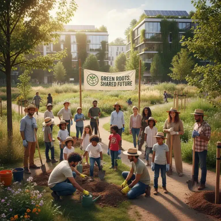 Diverse community planting trees for sustainable development