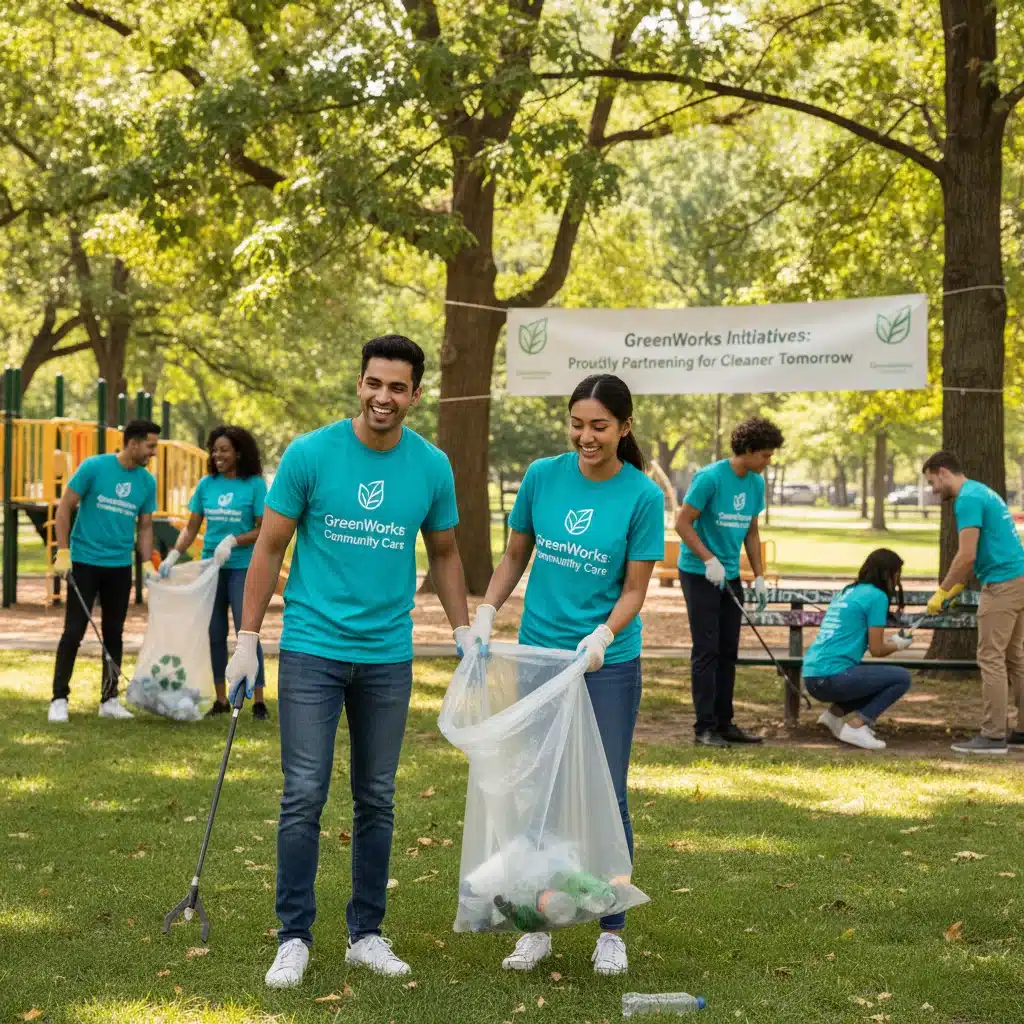 Young professionals engaged in a corporate social responsibility park cleanup.