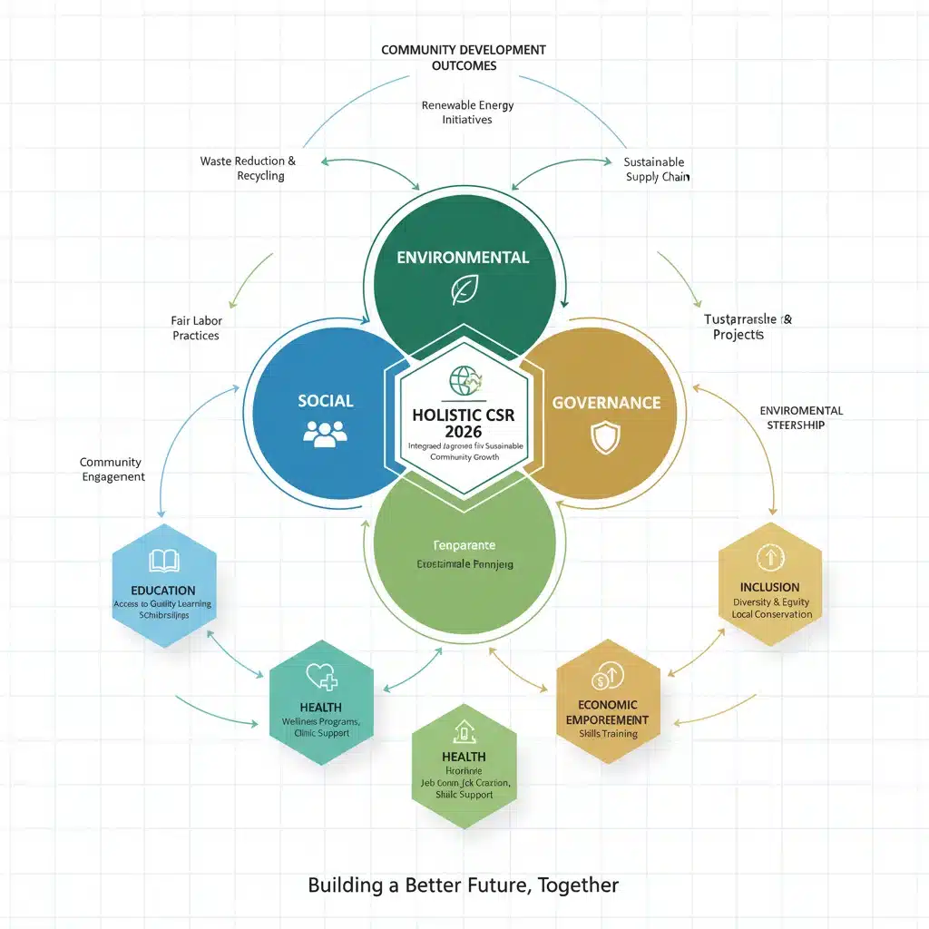 Infographic illustrating CSR pillars and community development