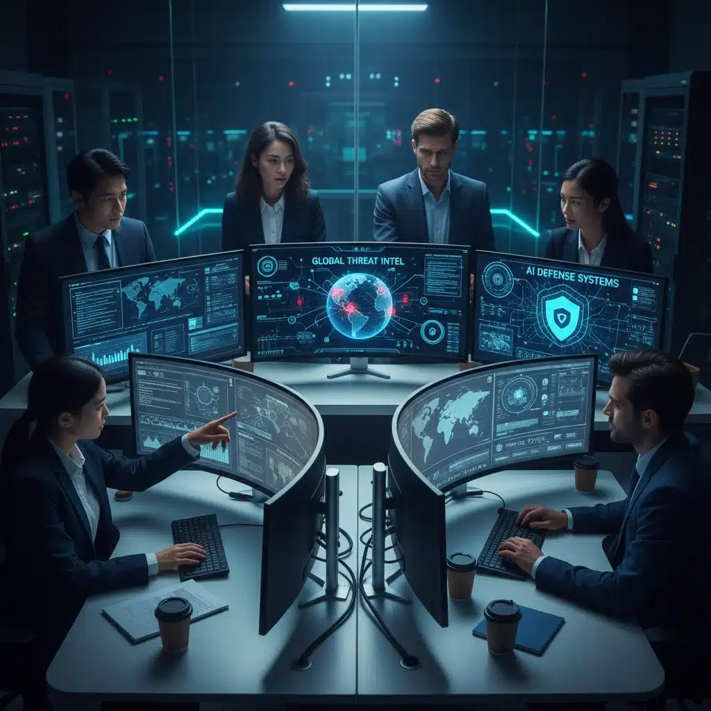 Cybersecurity team collaborating in a modern security operations center, monitoring AI-driven defense systems.