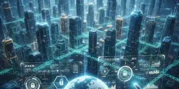 Futuristic digital city with blockchain connections and holographic financial interfaces, representing the future of DeFi.