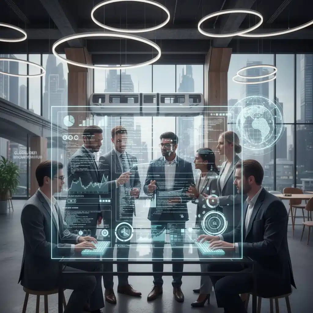 Diverse team collaborating on holographic DeFi analytics and smart contract development.