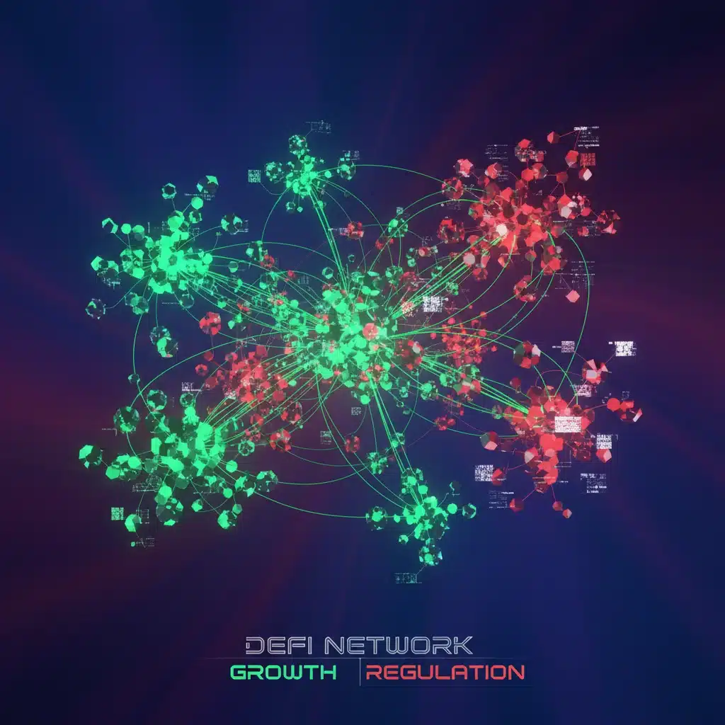Complex blockchain network illustrating growth and regulatory challenges in DeFi.
