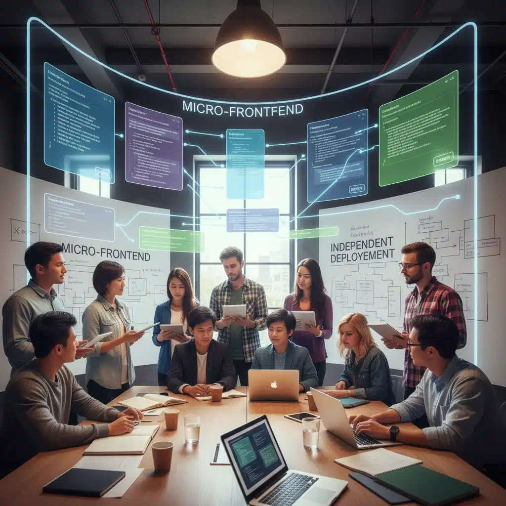 Diverse development team collaborating on modular code for micro-frontends