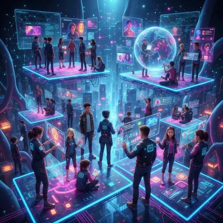 Digital content creators influencing youth culture in 2026, vibrant holographic future