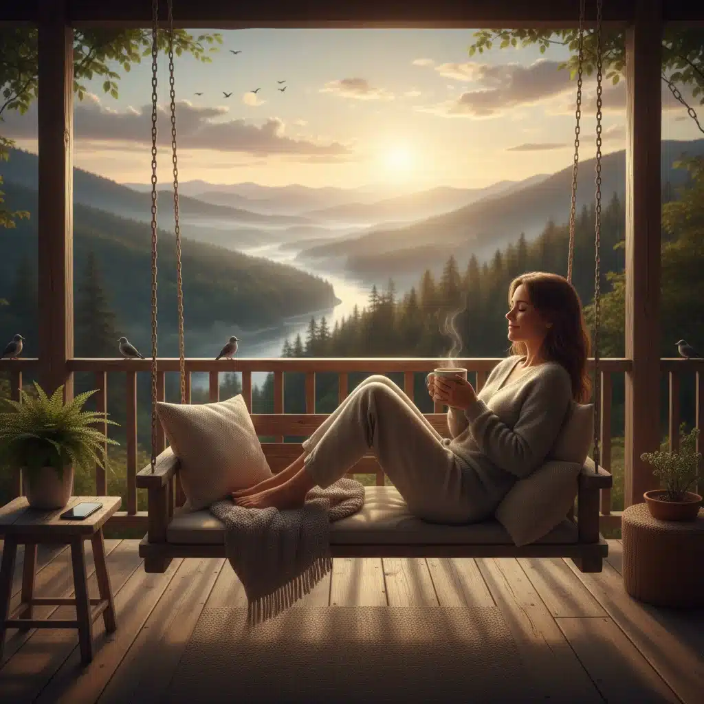 Person enjoying coffee on a porch, embracing digital detox and nature