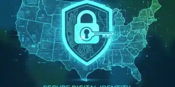 Digital identity verification lock and key over U.S. map, representing new standards