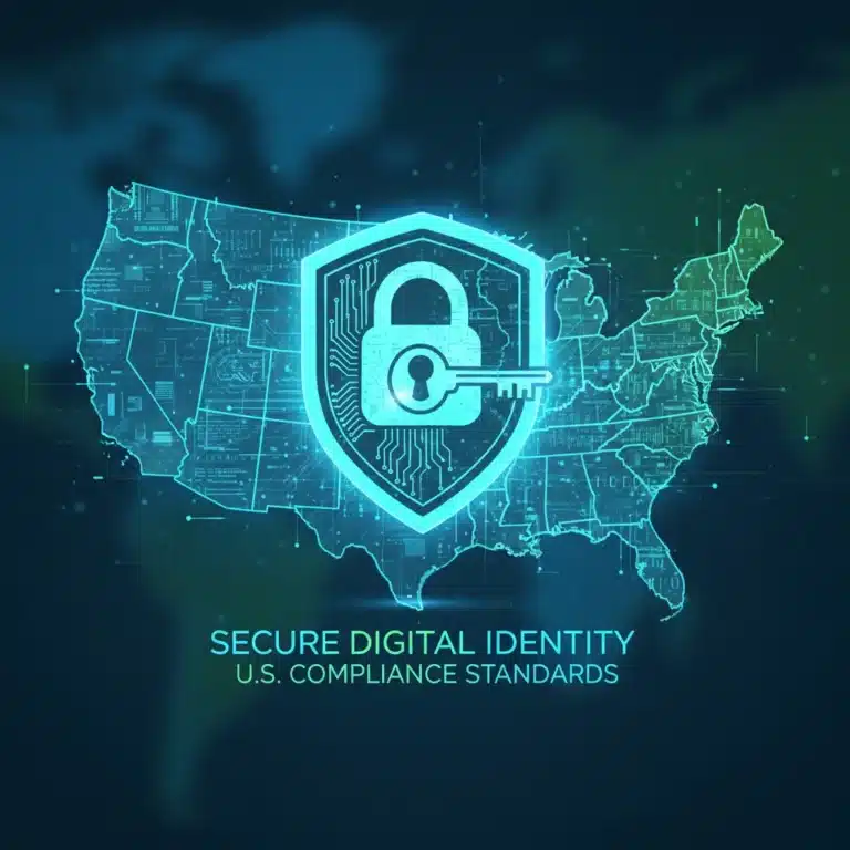 Digital identity verification lock and key over U.S. map, representing new standards