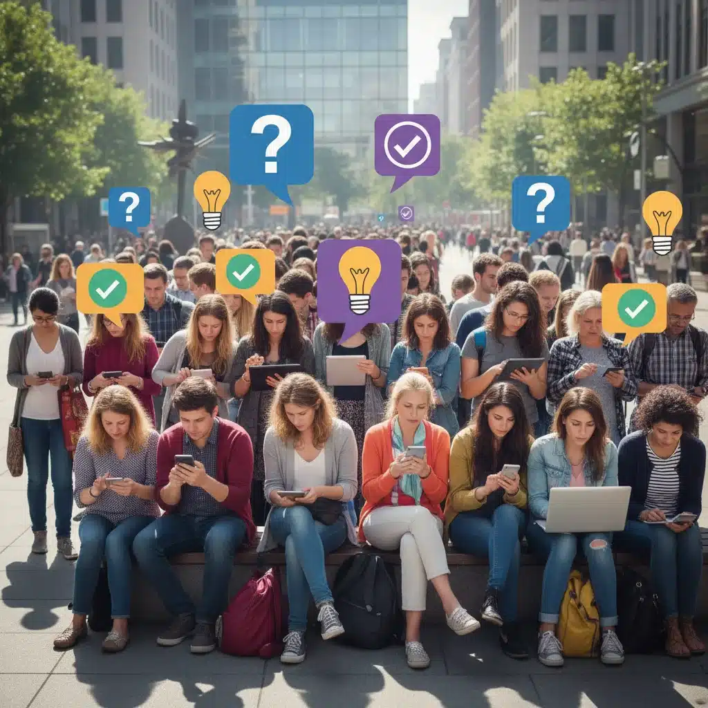 Diverse individuals critically evaluating digital content, promoting media literacy.