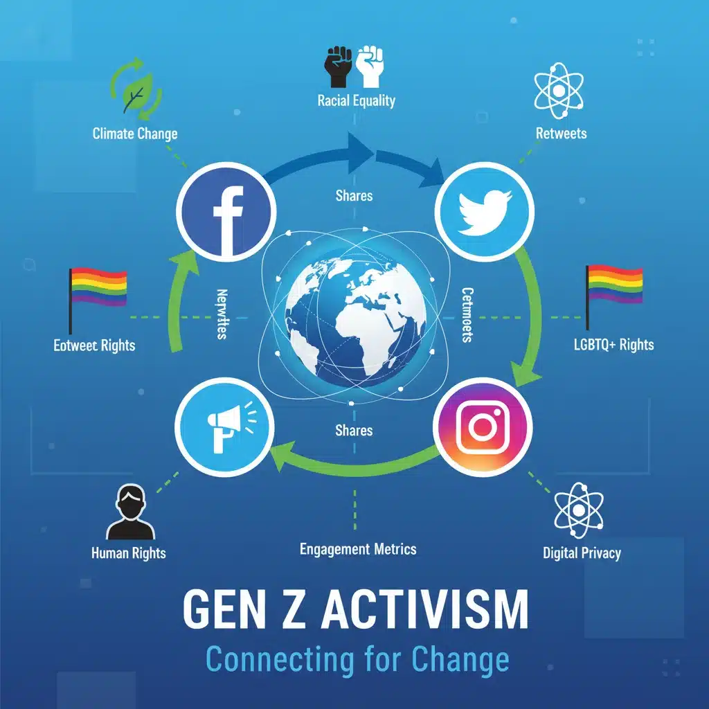 Interconnected digital platforms showing information flow and diverse social justice issues by Gen Z.