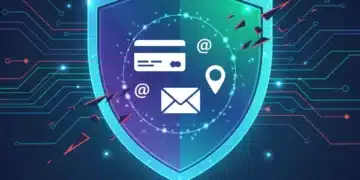 Digital shield protecting personal data in a futuristic, interconnected online world.